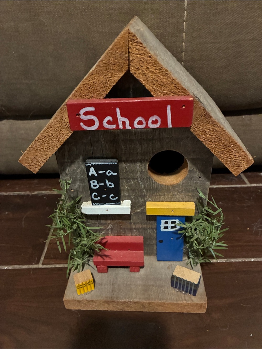 Hand Crafted Wooden Schoolhouse Birdhouse - Red, Blue, Yellow Accents